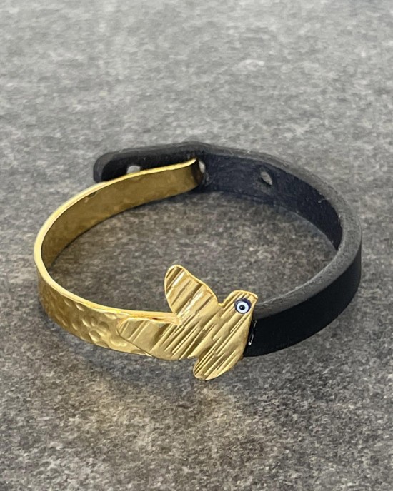 Gold Bird Black Leather Bracelet